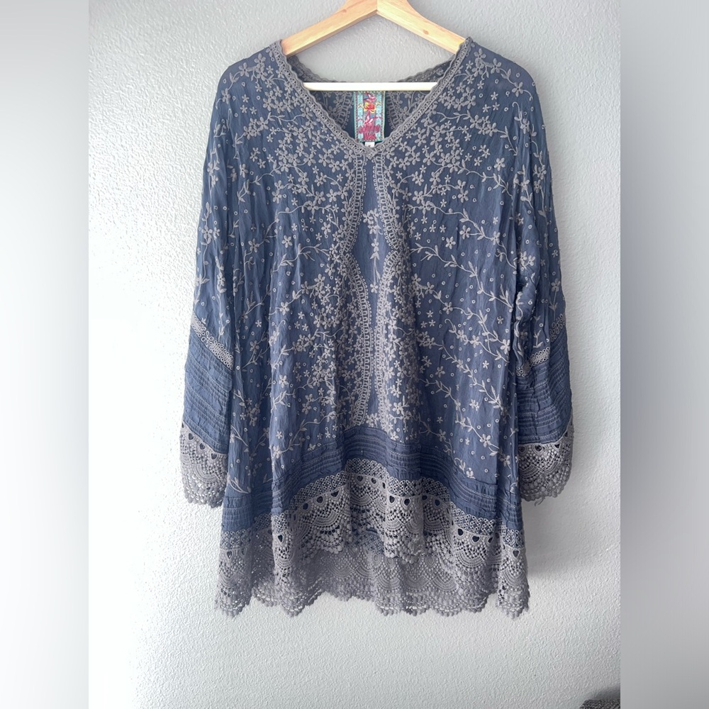 Johnny Was Blue and Gray Embroidered Tunic